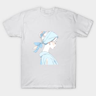 Minimalist line art pretty girl in blue T-Shirt